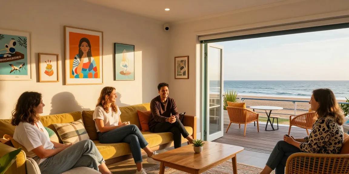 Airbnb management company Brighton showcasing a warm beachfront rental welcoming guests with stylish decor.