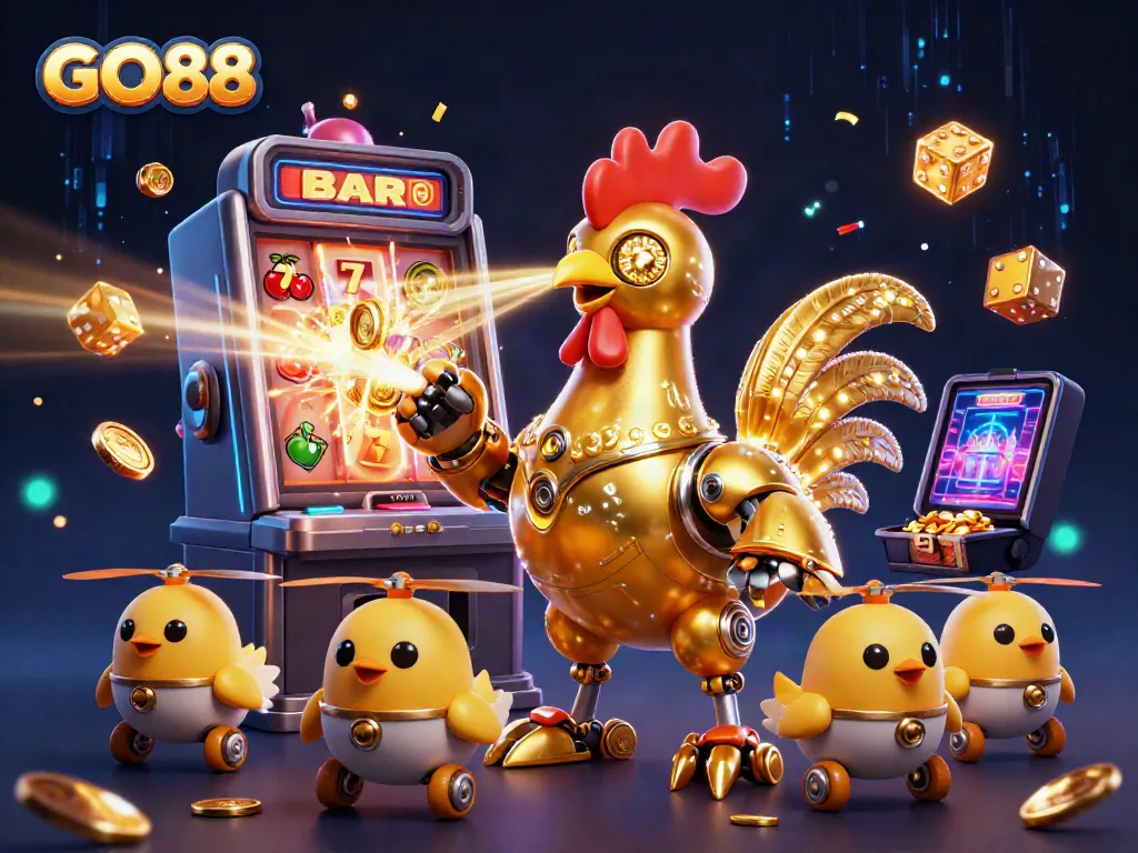 GO88 gaming action featuring a cartoon golden rooster robot and baby chick drones in a vibrant casino scene