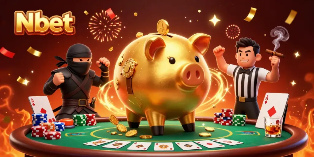 Nbet's vibrant gaming scene showcases the golden pig sumo wrestler exchanging coins during a thrilling poker game.