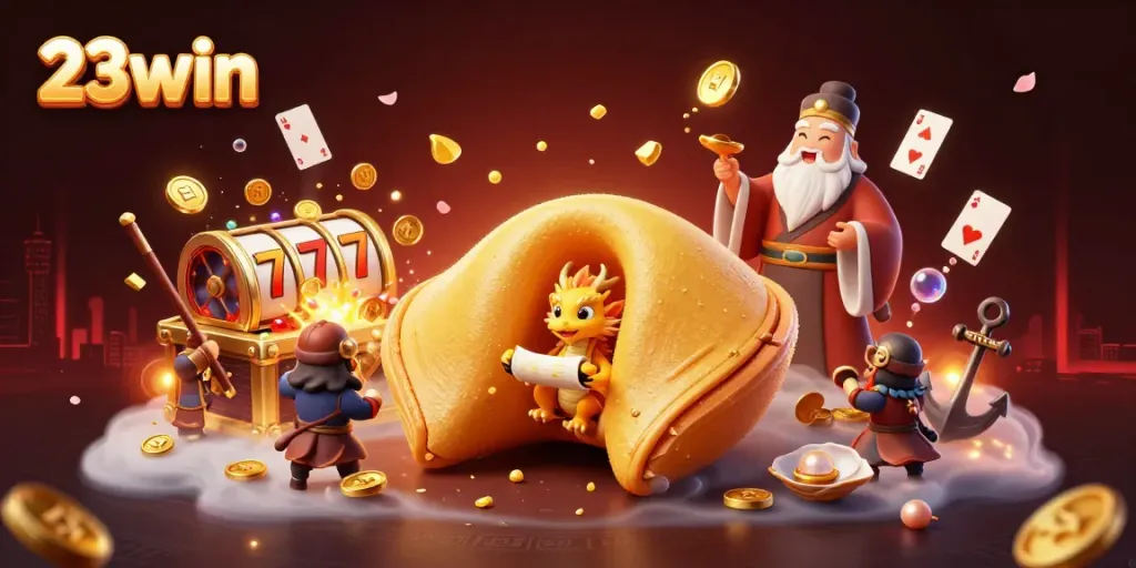 Experience the thrilling world of 23win with golden fortune characters and vibrant casino elements.
