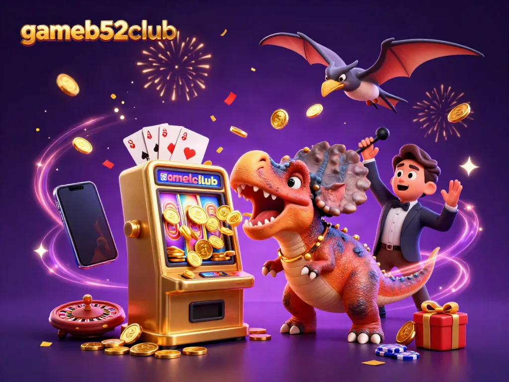 Experience gameb52club's thrilling jackpot scene with cartoon characters celebrating big wins amidst vibrant casino elements.