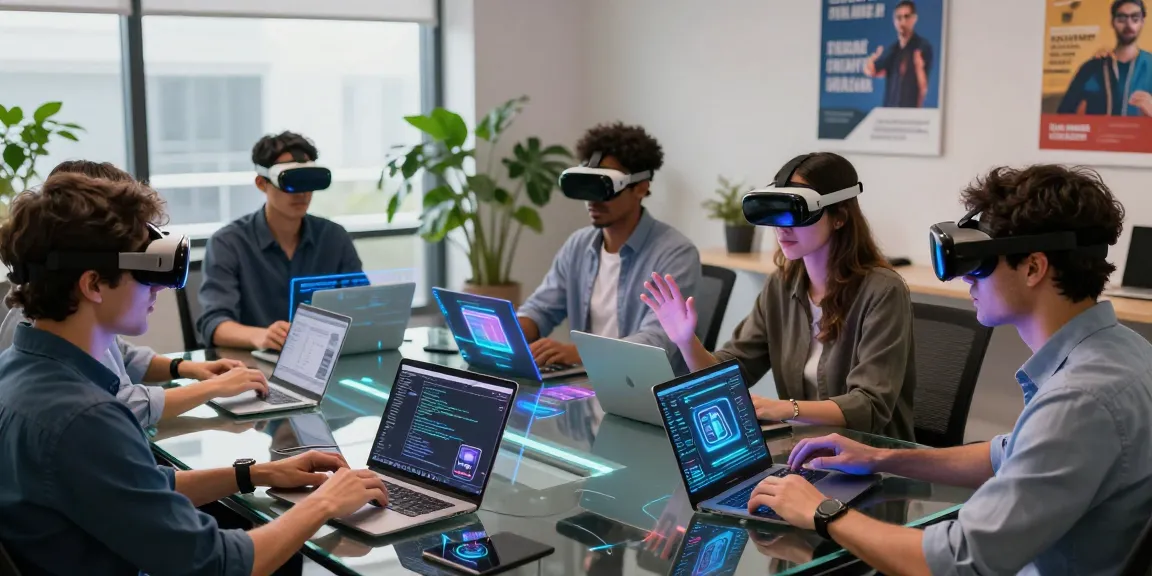 Professionals using AR glasses to collaborate in a modern tech workspace.