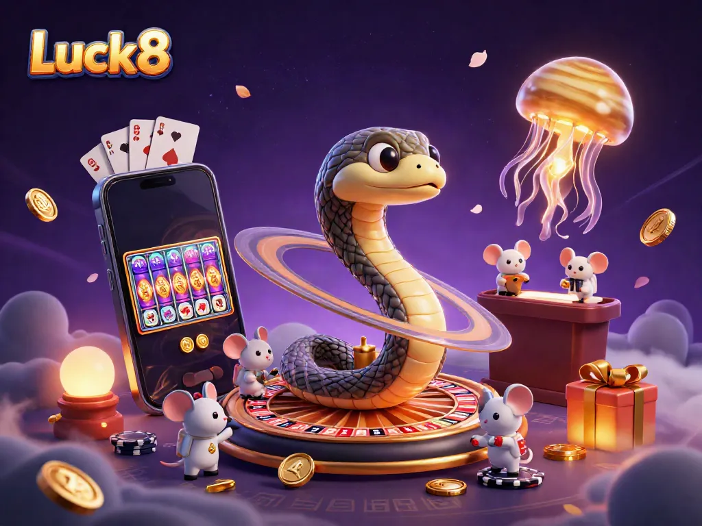 Experience the thrill of Luck8 casino games with vibrant 3D characters and spinning reels in this colorful illustration.