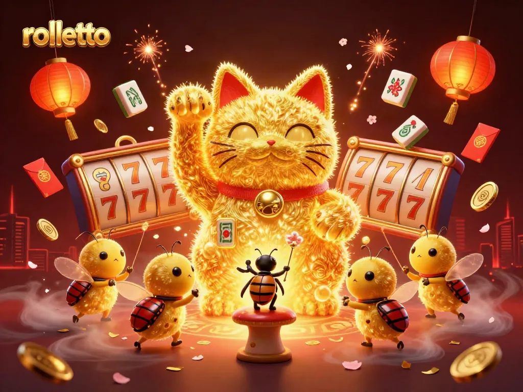 Experience rolletto with a vibrant, dynamic lucky cat surrounded by exciting casino elements.