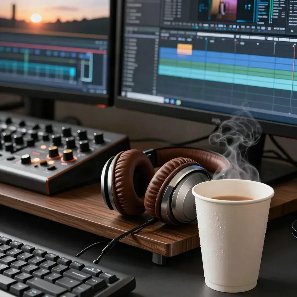 Macro of an edit suite desk with glowing monitors, headphones, audio deck and a steaming cup.