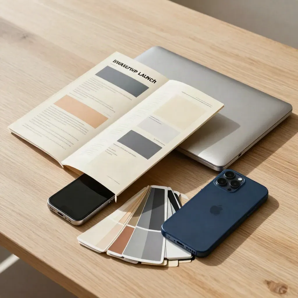 Overhead startup launch kit with laptop, phone, swatches and folded strategy board on pale oak.