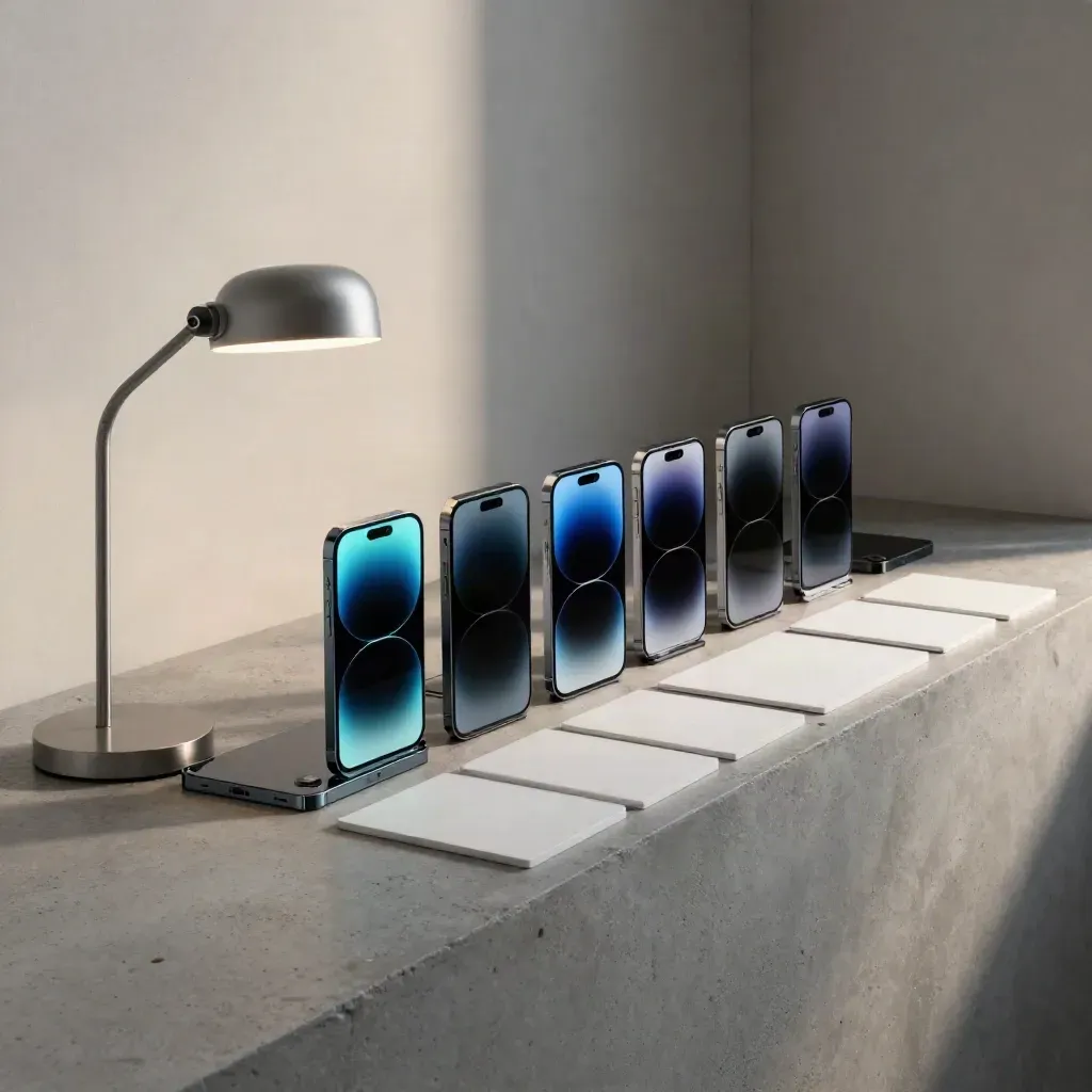 Row of smartphones on concrete, one screen glowing cyan beside an off desk light