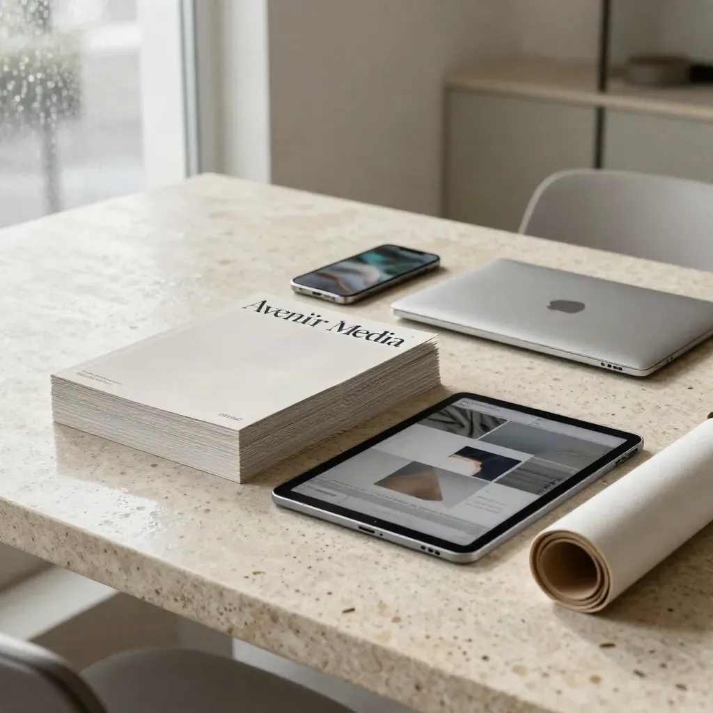 Campaign mockups, laptop, phone and tablet on stone table in soft rainy morning light.
