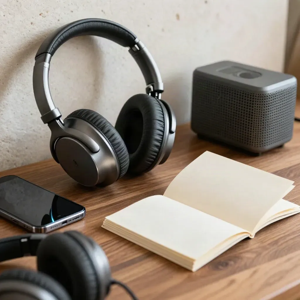 Headphones, phone, speaker and face-down script cards flash cyan on walnut wood.