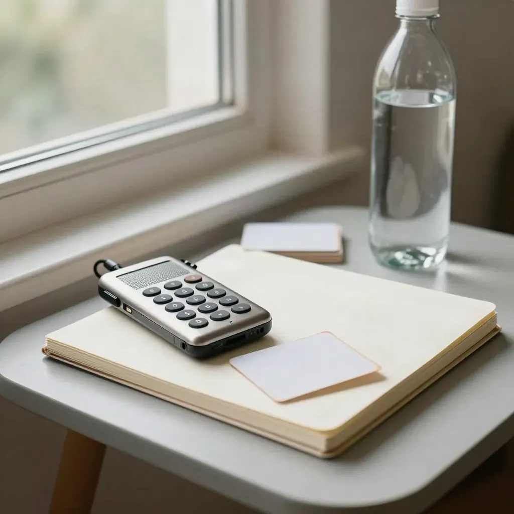 Story kit on a window table with recorder, notebook, water and matte cards in soft daylight.