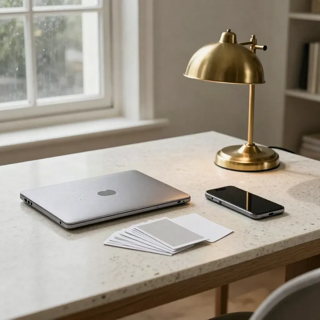 Rain-washed London launch desk with closed laptop, sample cards, phone and brass lamp in soft daylight.
