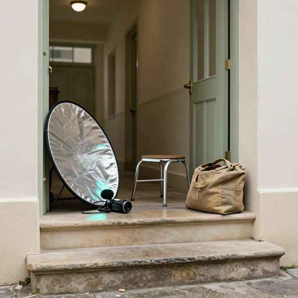 Charity filming kit with reflector, audio recorder and stool in a drizzly venue corridor.