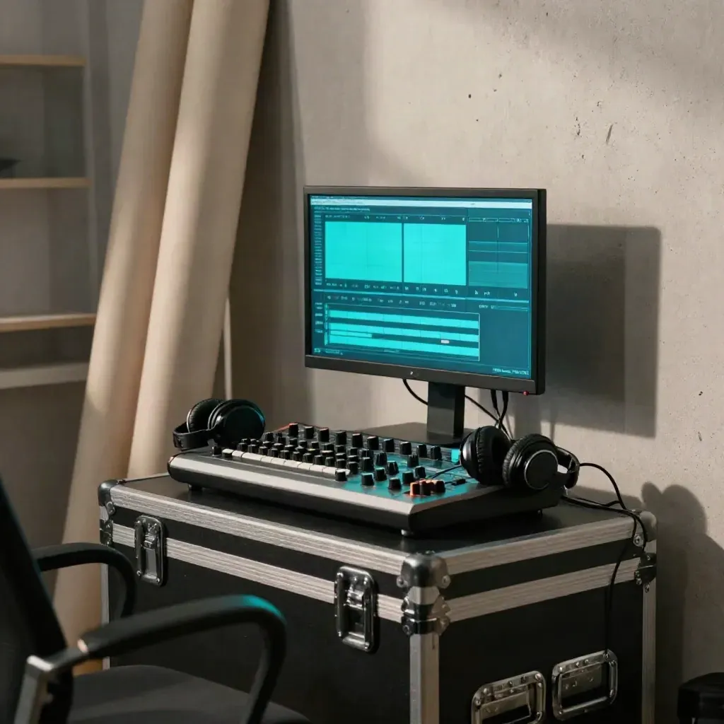 Moody edit bay with cyan monitor glow, headphones, mixer, and rolled backdrop