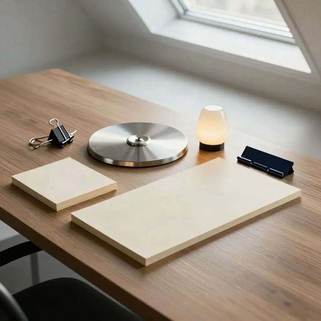 Overhead conference table with kickoff cards, calendar disc, clip and lamp in morning light.