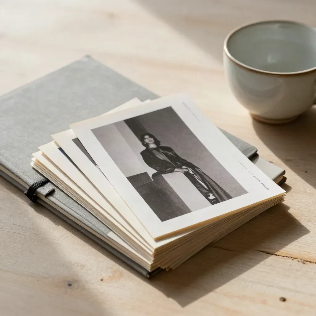 Top-down case study proof spread with notebook, ceramic cup and warm wood table.
