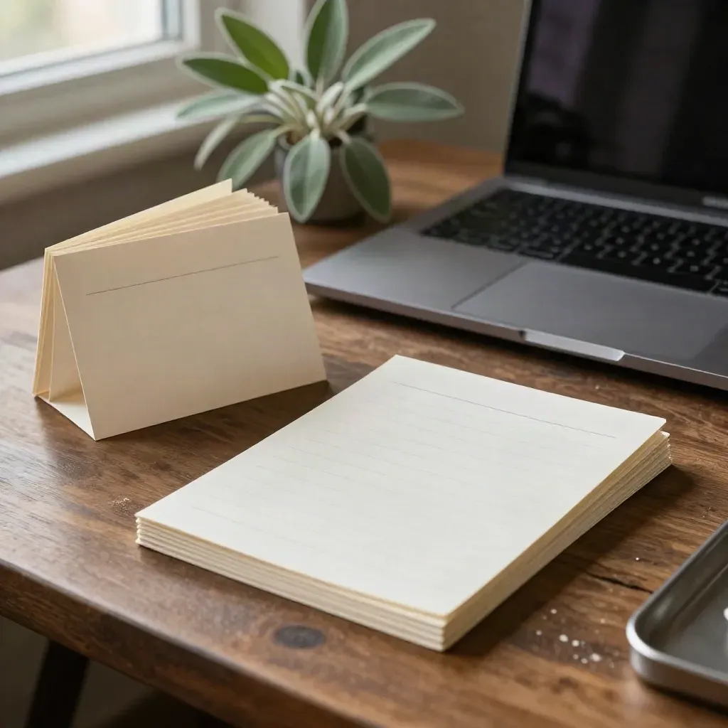 Blank subject-line cards beside a closed laptop and desk plant at dusk.
