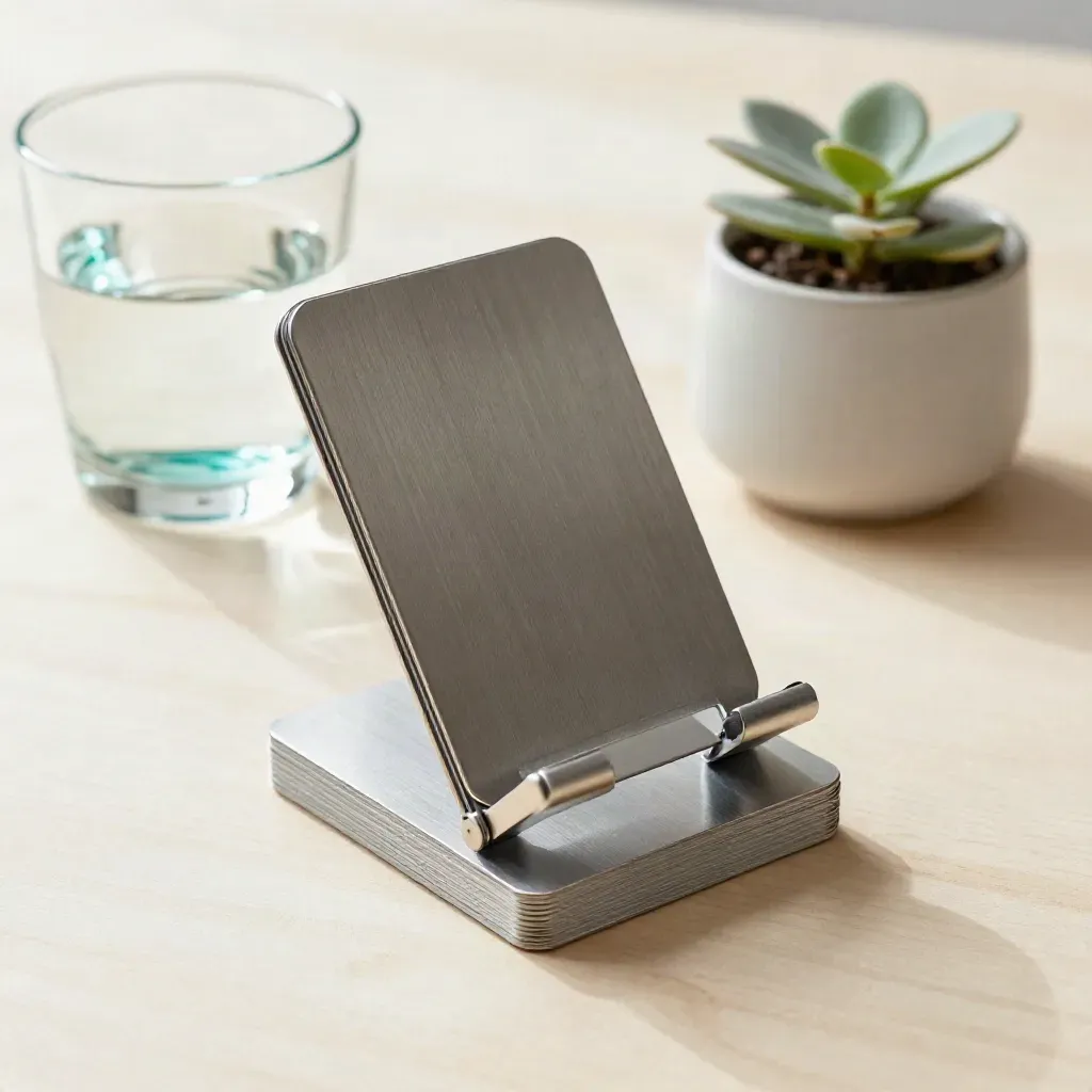Phone stand, stacked trend cards, glass tumbler and plant cutting on pale wood