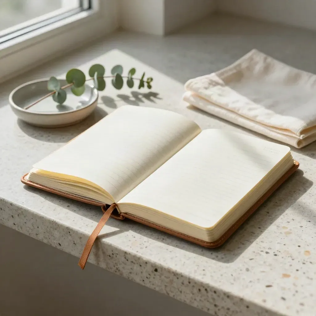 Half-open leather notebook with eucalyptus, ceramic dish and folded cloth on a travertine shelf.