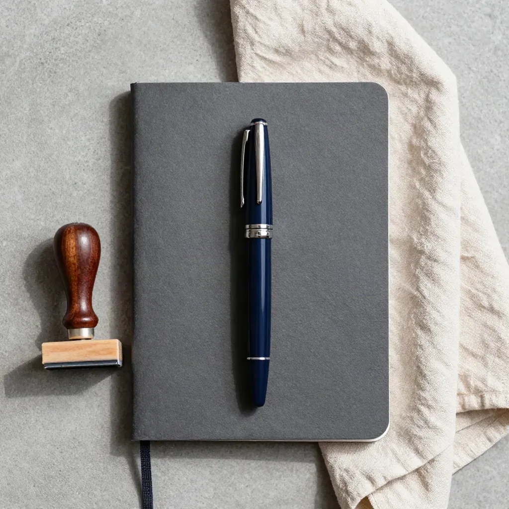 Overhead flatlay of a navy fountain pen, closed notebook, stamp, and linen cloth on concrete.