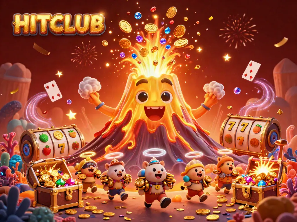 Join HITCLUB for thrilling wins as the golden volcano erupts with treasures in this vibrant casino scene.