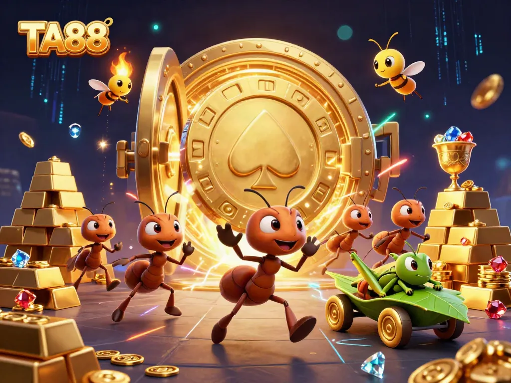 TA88-themed heist with cartoon ants and golden poker chip in a dynamic casino scene