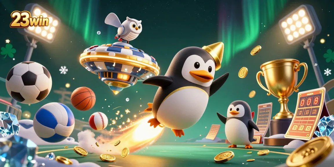 Experience the excitement with 23win as the golden penguin zooms towards a vibrant casino!