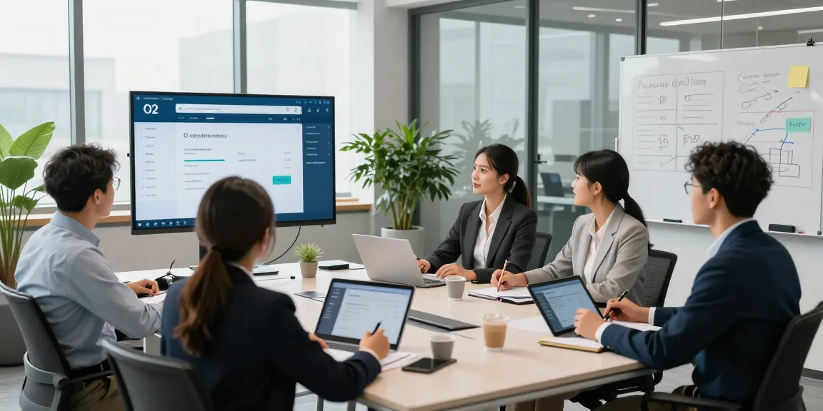 Business professionals using the O2 business login during a virtual meeting in a modern office environment.