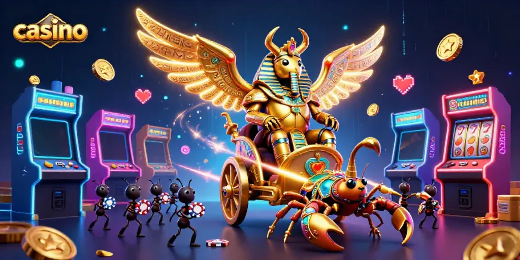 Experience casino excitement with a colossal scarab beetle and scorpions amidst colorful gaming elements.