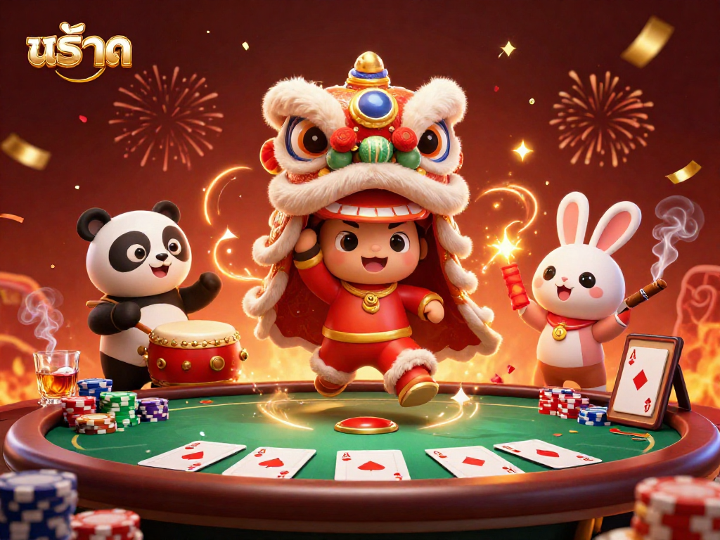 Play สล็อต at an exciting casino with festive lion dance characters amidst vibrant poker action.