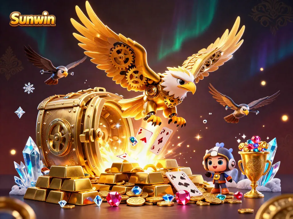 Experience thrilling gameplay at Sunwin with a 3D golden eagle amidst dazzling casino elements.