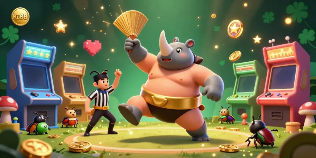Experience exciting gaming at ku88 with a lively illustration of a cartoon beetle champion and vibrant casino elements.