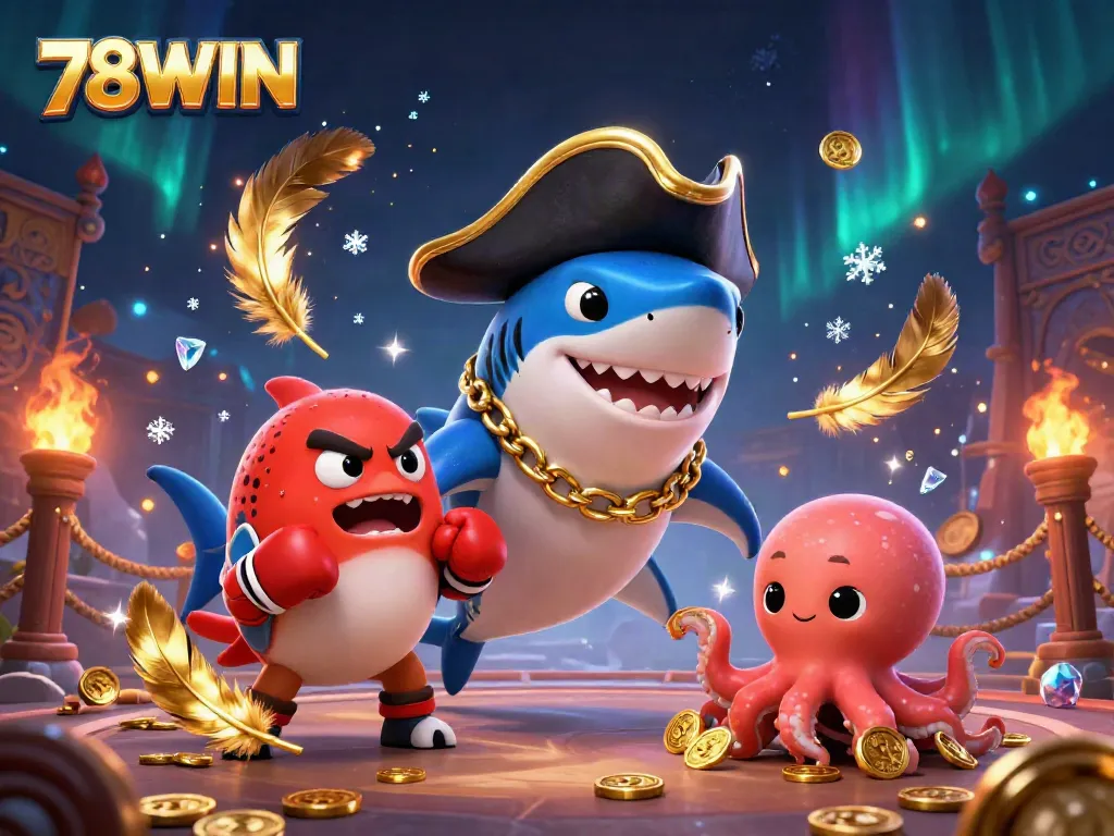 Engaging 78WIN casino scene showcasing a pirate shark and friends in a vibrant, dynamic gaming environment.
