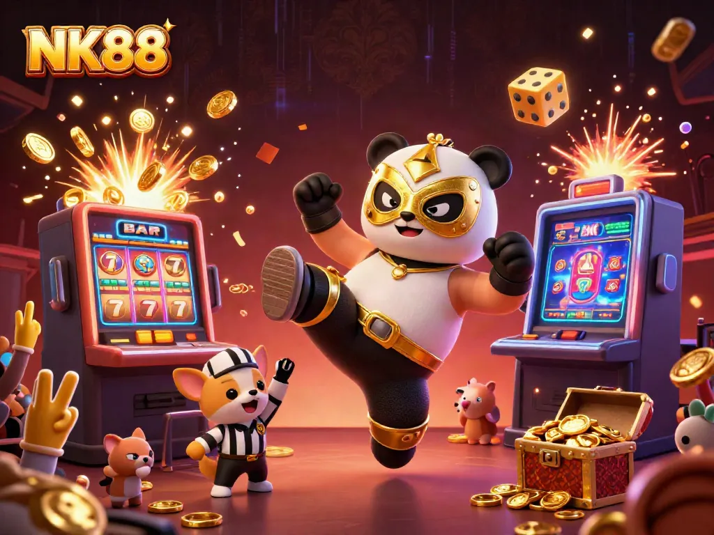 Engaging illustration of NK88, showcasing vibrant slots, a wrestling panda, and enthusiastic animal fans.