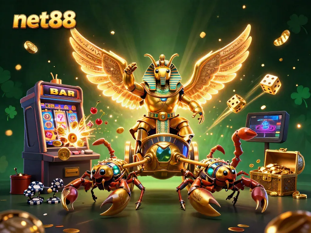 Experience the vibrant online gaming world of net88 with a dynamic casino scene featuring a golden scarab and jackpot elements.