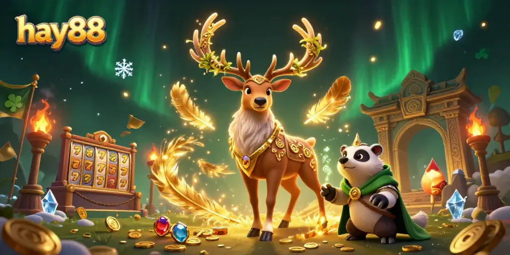 Immerse yourself in the world of hay88 as a druid stag and badger engage in a vibrant casino scene.