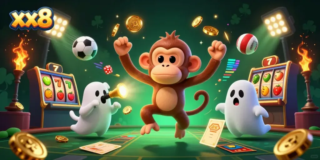 Engaging xx8 casino scene with a playful monkey juggling gold while a curious puppy watches.
