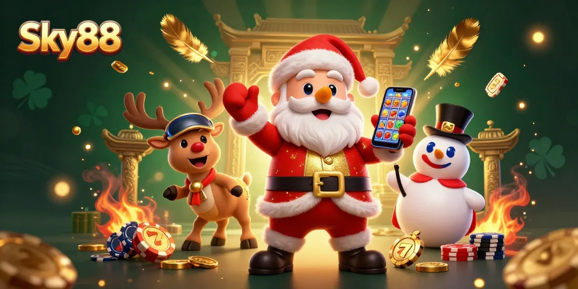 Experience thrilling payouts with Sky88's enchanting casino adventure featuring Santa, his reindeer, and a poker chip snowman.