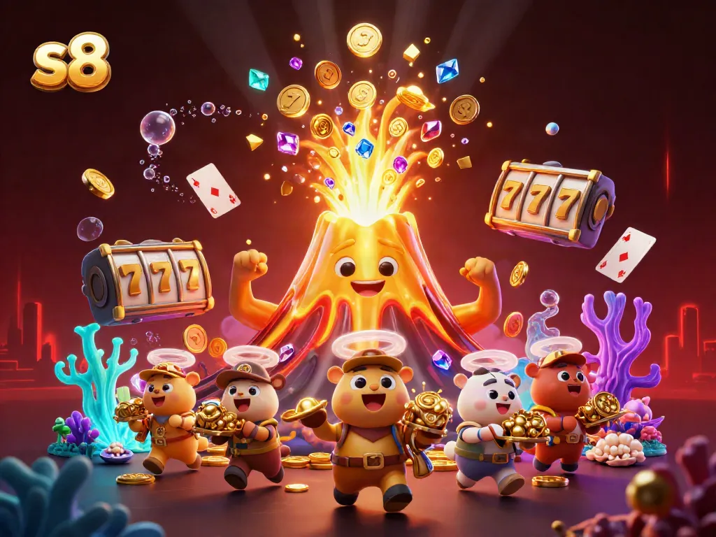 Experience the thrill of s8 gaming with a golden volcano erupting treasure amidst slots and cards.