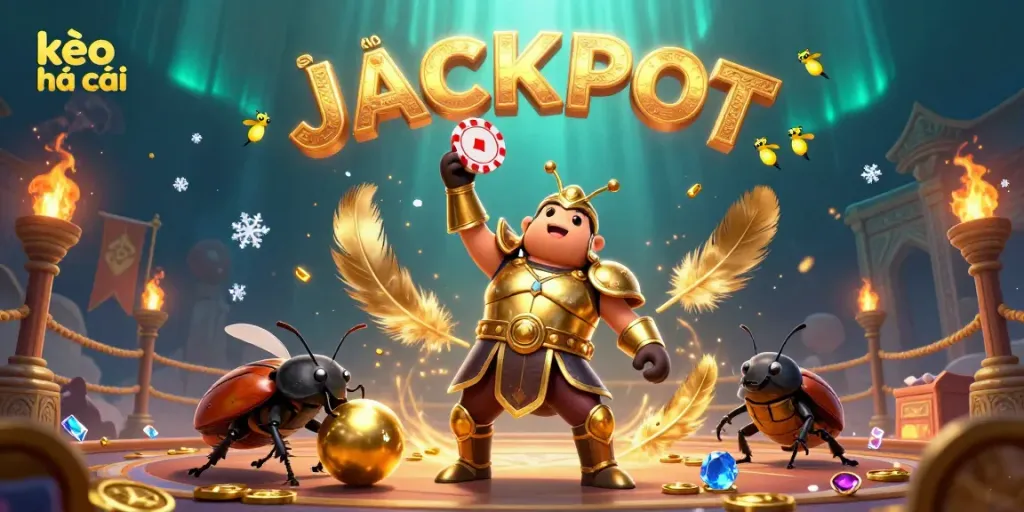 Engage with kèo nhà cái through an epic scene featuring a heroic beetle and a lively firefly chorus celebrating victory.
