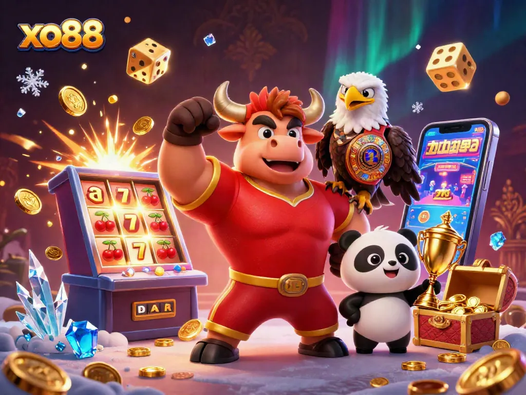 Experience thrilling wins at xo88 with the lively bull mascot, bold eagle, and trophy panda!