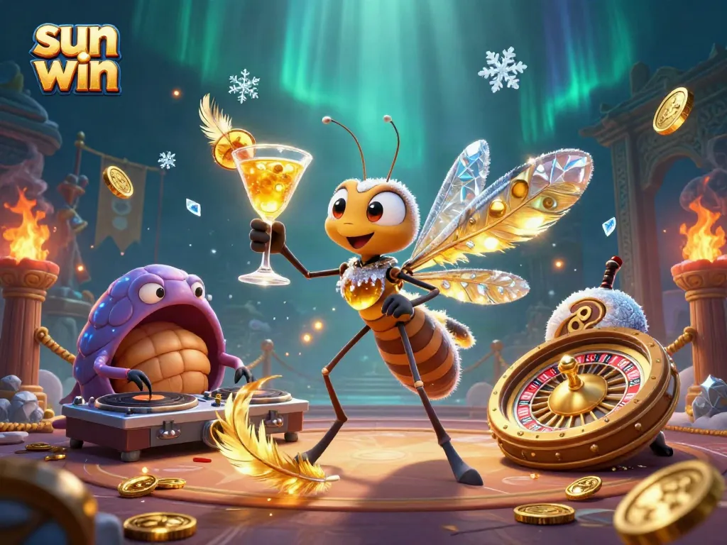 Engage with sun win through a unique 3D casino scene featuring animated characters and vibrant gaming elements.