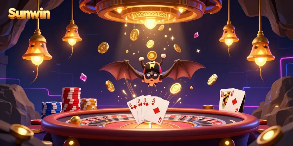 Experience the vibrant atmosphere of Sunwin's cave casino, featuring glowworms lighting the action with gold coins and sparkling gemstones.