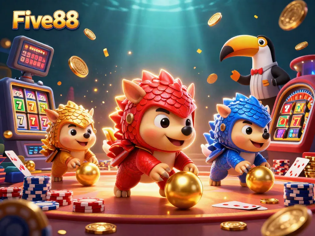 Experience the thrill of casino gaming at Five88 with rivals battling amidst golden treasures and colorful elements.