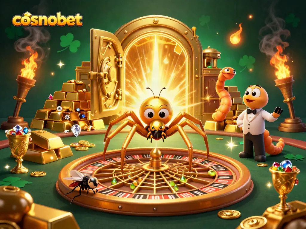 Experience excitement at cosmobet with a golden spider and centipede croupier in this lavish casino scene.