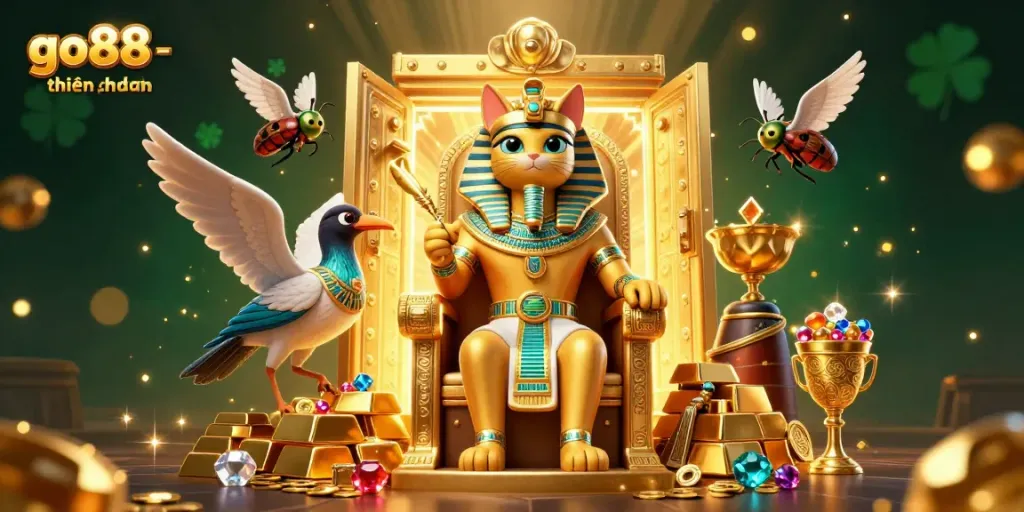 Engage with go88 - thiên đường, a vibrant 3D casino scene featuring an Egyptian cat pharaoh amidst treasure and dynamic gambling elements.