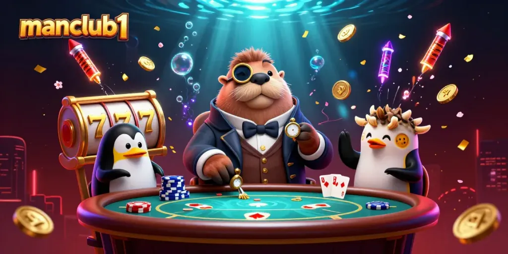 Engage in thrilling poker gameplay with manclub1 at an underwater casino with vibrant 3D characters and elements.