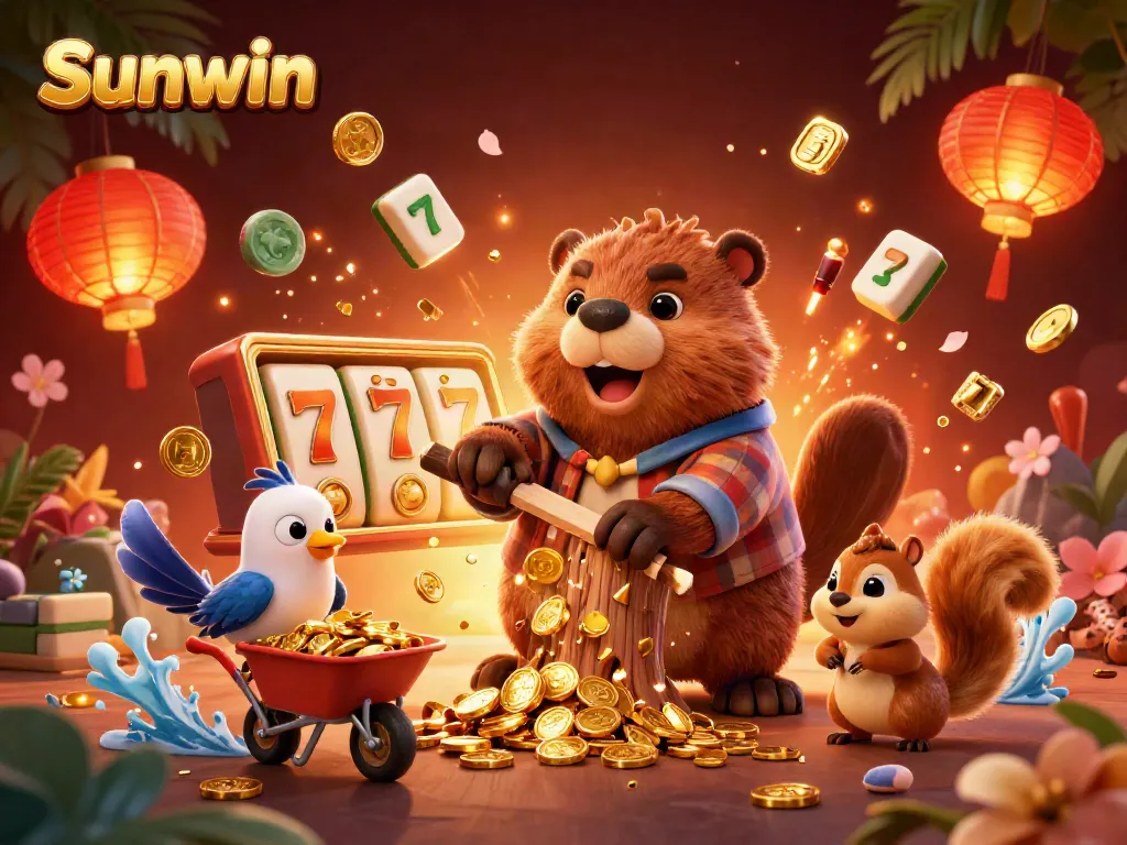 Engage with Sunwin's thrilling casino adventures featuring a cartoon beaver, bird, and squirrel amidst vibrant gambling elements.