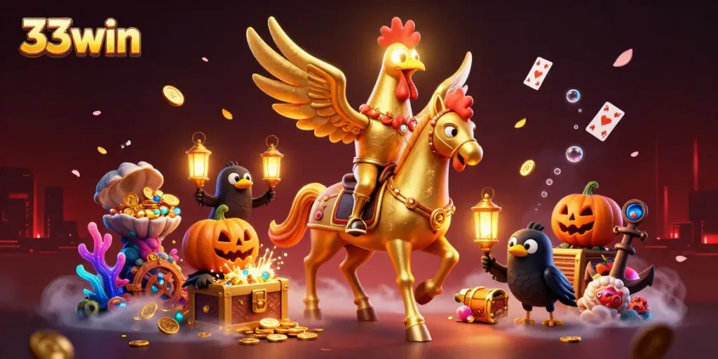 Experience thrilling casino action with 33win, featuring a golden rooster and treasure-filled scenes.