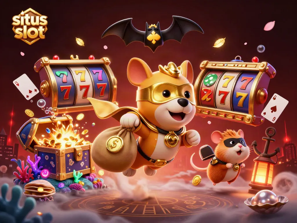 Experience the excitement of situs slot games with 3D superhero dog and hamster celebrating big wins.