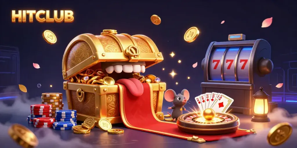 Experience excitement at HITCLUB with a dynamic 3D casino illustration featuring a golden treasure chest and vibrant gaming elements.